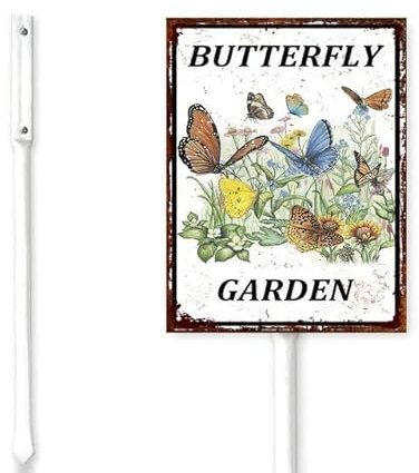 Geroclonup Schmetterlings-Gartenschild mit Metallpfähle für Garten, Hof, Rasen, Bauernhof, Dekoration, Bestäuber, dekoratives Gartenschild, Ständer, Blech-Wildblumen, Outdoor-Dekorationen