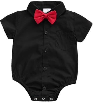 OPAWO Baby Shirt Romper Soft 100% Organic Cotton Newborn Vests, Short Sleeve Bodysuits for Unisex Baby, Bow-tie Button Down Babies T Shirts for Wedding Suit Christening Outfit (Black S,6-9 Months)