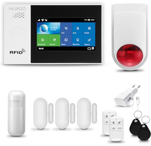 HUXGO® HXA007 Allarme casa senza fili WiFi + GSM con wireless Sirena | Kit allarme con 1x rilevatore di movimento, 3x sensori per porte e finestre, telecomando | TUYA Smartlife App
