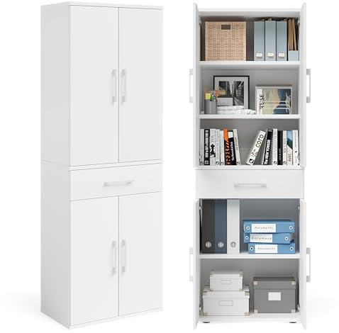 Bellamio Mehrzweckschrank 60cm Breite mit Schubladen, Aktenschrank, Büroschrank, Vorratsschrank Küche, Flurschrank, Aufbewahrungsschrank Holz Maße in (HxTXB): 176x33x60 cm in Weiß