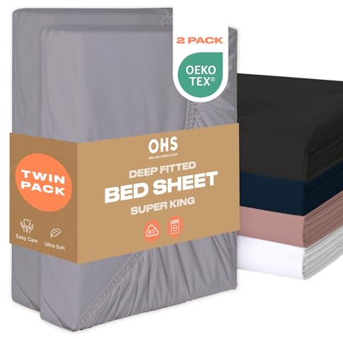 Brentfords Superking Fitted Sheet 2 Pack, Bed Cover Deep Fitted Sheet Fade Resistant Ultra Soft Easy Care Bedding Microfibre Superking Sheets, Grey Twin Pack