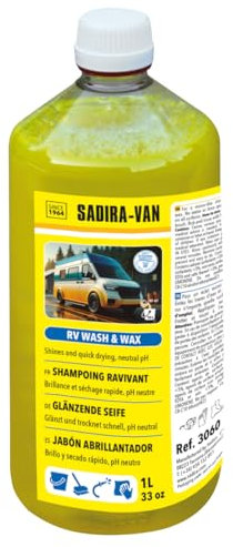 SADIRA VAN Jabón concentrado para autocaravanas 1 L. Limpieza impecable y protección duradera contra marcas de cal en cristales y fibra. Accesorio de mantenimiento de autocaravanes