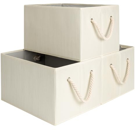 StorageWorks große Aufbewahrungsbox Stoff, faltbarer Aufbewahrungskorb für Regale, rechteckiger Regalkorb Aufbewahrung, Schrank Organizer mit Griffen, beige, weiß und elfenbein, 3 Stück