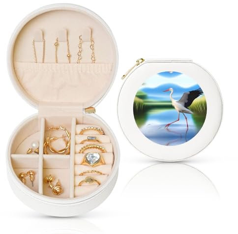 Schmuckkästchen mit Störchen im Wasser, Reise-Schmuck-Organizer, für Damen, für Halsketten, Ohrringe, Ringe, Accessoires, Aufbewahrung (weiß, rund)