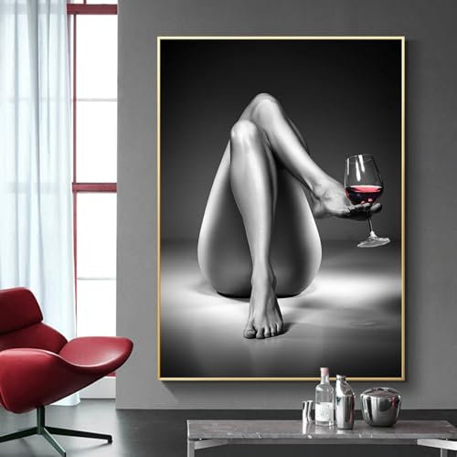 DHHXY Mädchenbein, Rotweinglas Gerahmte Leinwandbild XXL Gemälde, moderne Wandkunst, Frau, Weinglas, Bilder, Druck, gerahmte Leinwand, Kunstposter, 60 x 80 cm, Goldrahmen