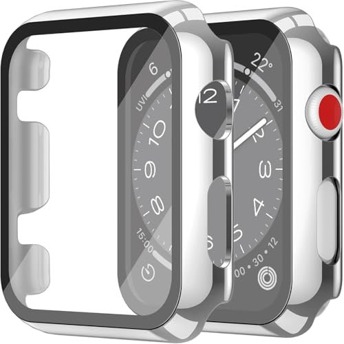 Misxi 2-Stück PC Hülle mit Displayschutz aus Gehärtetem Glas Kompatibel mit Apple Watch Series 3 Serie 2 42mm, HD Ultradünne iWatch Schutzhülle, 1 Silber + 1 Transparent