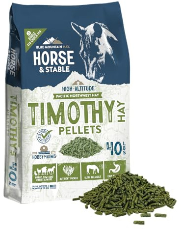Blue Mountain Hay High Altitude Timothy Hay Pellets (40 lb), Ultra Premium Nutrient Dense Forage, Small Quick Soaking Low Dust Pellets, Easy to Measure, Automatic Feeder Friendly