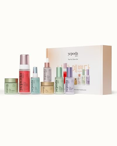 Yepoda The Full Glow Set, set esencial de K-Beauty con 7 productos: limpiadores, tónico, sérum, mascarilla y cremas. Cuidado de la piel vegano para todo tipo de pieles