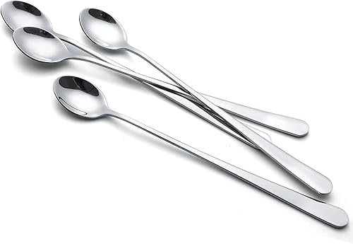 tiokin Lot de 4 cuillères à latte macchiato - 22,3 cm - Cuillères longues - Cuillères à cocktail, cuillères à dessert, cuillères à glace, cuillères pour café glacé - En acier inoxydable - Passe au