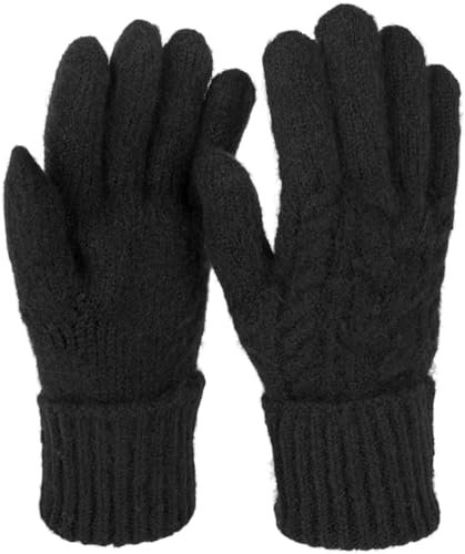 styleBREAKER Damen Strickhandschuhe mit Zopfstrickmuster, warme Winter Fingerhandschuhe, vielseitige Farben 09010051, Farbe:Schwarz
