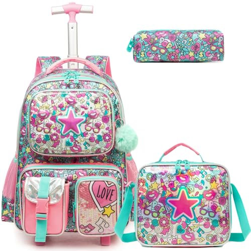 Egchescebo Kinder Rolling Rucksack für Mädchen Pentagramm Koffer Trolley Roller Gepäck Rucksäcke auf Rädern mit Lunch Box Pencil Case für die Grundschule Mehrere Funktion Taschen Travel school Bag Rot