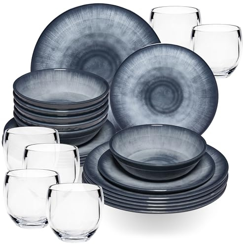 Service de table en mélamine Jesolo Gris pour 6 personnes - 24 pièces - avec verre à boire transparent 400ml - aspect pierre acrylique - Passe au lave-vaisselle - Accessoires de camping - Vaisselle de