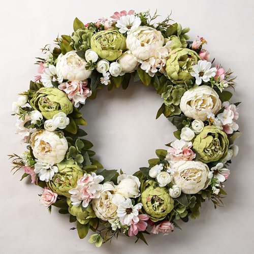 Peony Wreath 23'' Green Elegant Spring Wreaths for Front Door, Artificial Large Floral Wreath for Wall Decor, Home Décor, Indoor Outdoor Window Decor Door Wreath Wedding Birthday Party Decoration