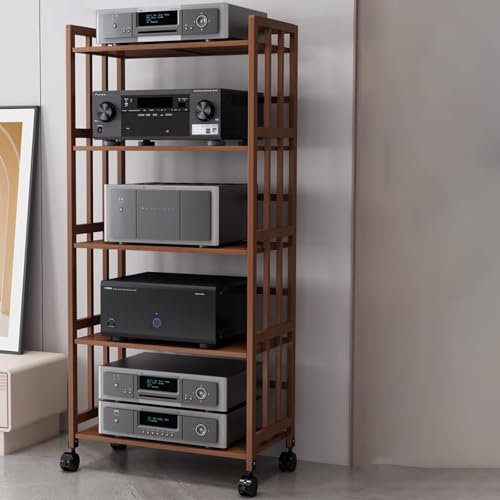 Medienregal mit Rädern, Verstellbare Regale, HiFi Rack, Bodenstehendes Audio-Video-Regal, AV-Regal aus Holz for Wohnzimmer, Büro, Kino, Kleine Räume