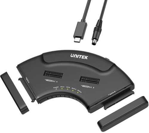 Unitek Enclosure per disco rigido Dual M.2 e Dual SATA 4 in 1, docking station USB-C a 4 alloggiamenti per 2X NVMe PCIe e 2 HDD SSD SATA da 2,5/3,5, 10 Gbps USB 3.2 Gen2 senza attrezzi UASP Trim per