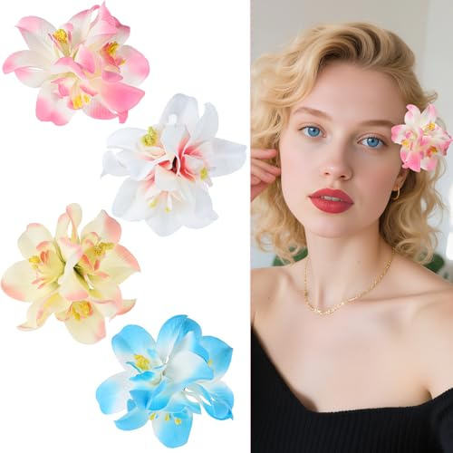 Bruislard Haarspangen mit Hawaiiblumen, 4 Stück Blumen Haarschmuck, Orchidee Haarschmuck und Ansteckblume, Haarspangen Blumen für Frauen, Brautjungfern, Brautsträuße, Strandparty, Hochzeiten, Urlaub