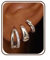 CASSIECA 3 Paar Ohrringe Silber Set für Damen: Creolen, Chunky, Stapelbar - Versilbert, Hypoallergen, Nickelfrei, Bleifrei - Perfekt für mehrere Piercings - Geschenk für Frauen - Verstellbar - Poliert