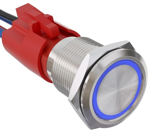 Aputoxz 10A 19mm Rastender Drucktaster 12V SPST LED Wasserdichter Ring Selbstverriegelnder Schalter (Silberner Edelstahl, Blau)