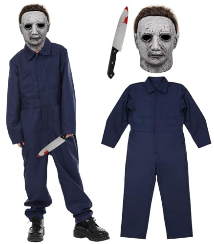 AENEY 3-teiliges Michael Myers-Kostüm für Kinder, Horror-Killer-Outfit mit Overall, Maske, Messer, Halloween, Cosplay-Overall für Jungen und Mädchen