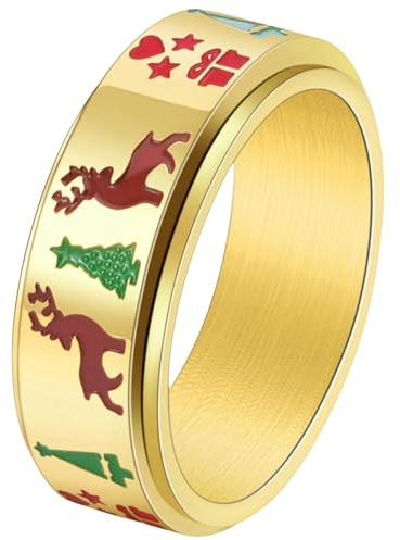Jpltlvy Weihnachts-Dreh-Titan-Stahl-Ring Weihnachtsschmuck für Frauen Männer Baum-Hirschstern-Stern-Herz-Design Paar-Geschenk