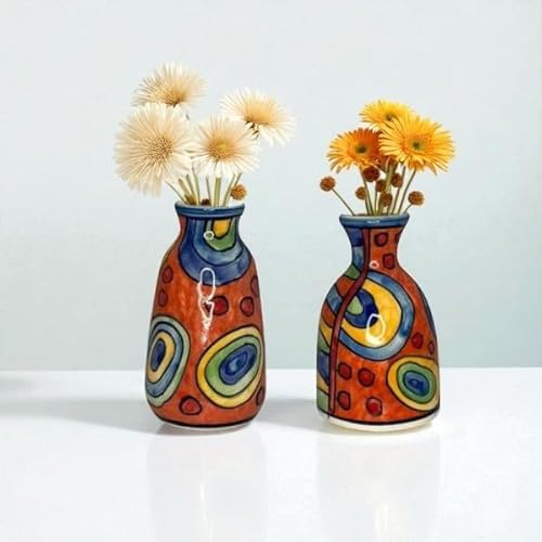 Handbemalte Keramik Minivasen Set, 2 Stück, Dekorative Blumenvasen mit Künstlerischen Mustern, Bunt (Andora orange)