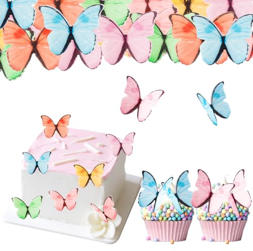ENLACE Essbare Schmetterlinge Tortendeko,48 Stück Kuchen Deko Schmetterlinge Geburtstag Deko Bunt,Schmetterling Deko Torte Essbar,Esspapier Schmetterling Cupcake Topper Hochzeit Weihnachten