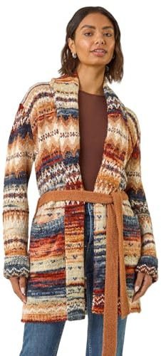 Roman Originals Jacquard Knit Belted Cardigan for Women UK - Ladies Everyday Autumn Winter Comfy Soft Evening Vacation Work Party Night Out - Brown - Size 16