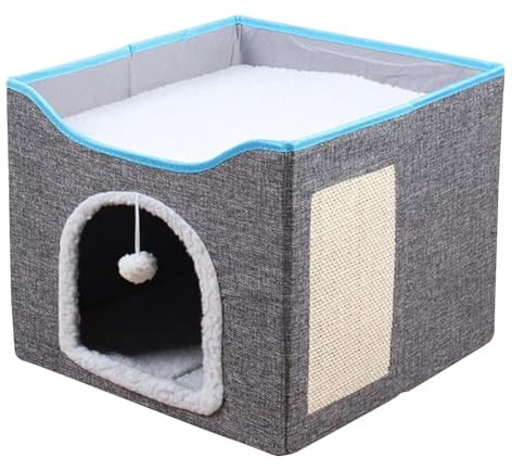 Osmond Cat Bed Foldable Cat House with FluffyBall & Scratch Pad Cat Cube Cave Large Kitten Sleeping Comfortable Pet Supplies