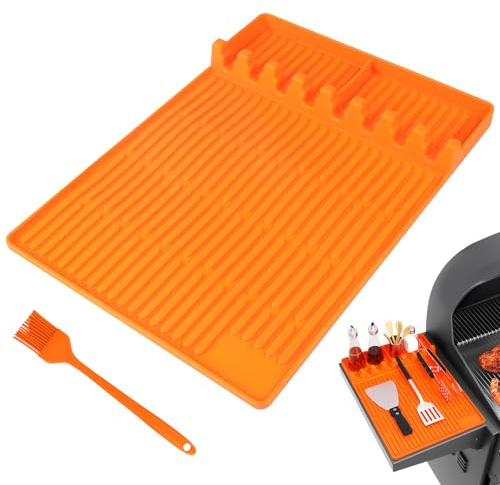 DBREAKS Silikon Grillmatte Ablagematte Rutschfest Hitzebeständig (Orange) | Rutschfest, hitzebeständig, mit Ölpinsel, leicht zu reinigen, für Gewürze und Grillwerkzeuge am Seitentisch
