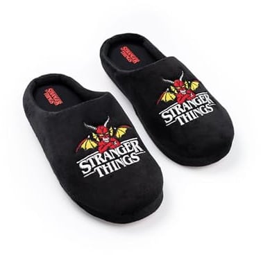 Stranger Things Unisex Black Logo Mule Slippers | Indoor Lounging Footwear with TV Show Design | Comfortable Slippers for Relaxing at Home Merch
