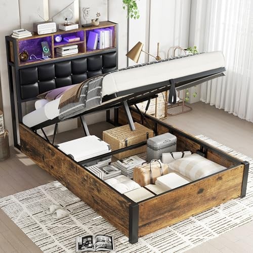 Gxffipw 3ft Single Bed Frame with LED Light and Charging Port, Hydraulic Single Ottoman Bed 90x190 cm with Headboard Features a Soft Backrest and Storage Compartments, Black+Wood, No Mattress
