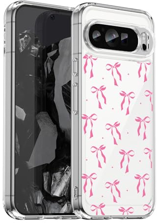 Yojiong Cover per Google Pixel 9/9 Pro, Custodia Trasparente Case con Moda con Fiocco Aesthetic Motivo, Antiurto Anti-Graffio Ultra Sottile Case con Hard PC + TPU Bumper, Rosa