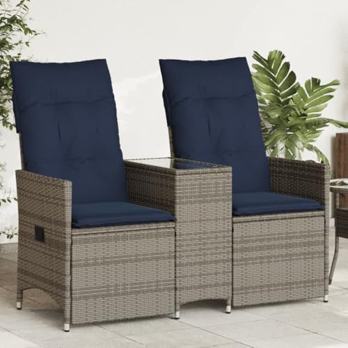 Fangmaliuyun 2-Sitzer Poly-Rattan-Gartensofa 130×59×92 cm, verstellbare Rückenlehne, Stahlgestell, integrierter Tisch, grau-Marine, Balkon/Terrasse