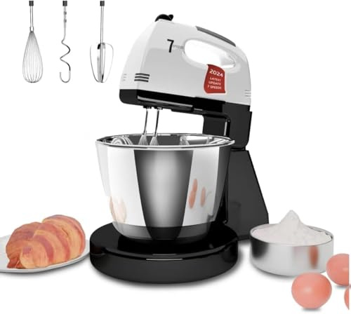 Stand Mixers, 7 Speeds With 3QT Stainless Steel Bowl, Stand and Hand Mixer with Dough Hook, Whisk, Mixing Beater for Baking, Cake, Cookie, Kneading (Black)