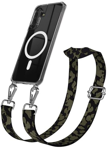EAZY CASE Handykette - Verstellbares Taschenband kompatibel mit Galaxy A17, Schulterriemen, Handykordel mit Silikon Hülle, Qi Charging kompatibel, Umhängetasche, Dunkelgrün Camouflage Silber
