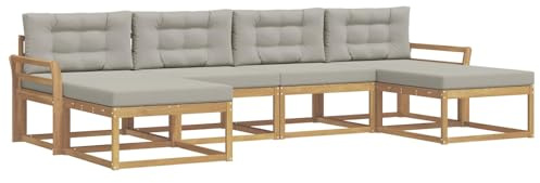 vidaXL Outdoor-Sofagarnitur mit Kissen 6 pcs Weiß und Hellgrau, Moderne Akazien-Gartenmöbel, wetterfester Sofa-Set, stylische Sitzgelegenheit für Terrasse und Pool