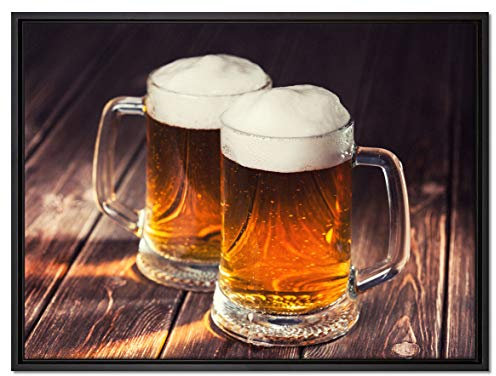 Pixxprint Zwei Maßkrüge Bier Leinwandbild 80x60 cm im Bilderahmen, Wandbild, Schattenfugenrahmen, Kein Poster