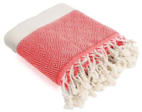 HolyDays® Strandtuch XXL 100x180cm aus 100% Baumwolle Oeko-TEX® | Hamamtuch | Badetuch | Saunatuch | Peshtemal | Fouta | Picknickdecke | groß | saugstark | extra leicht | Damen | Herren (Rot)