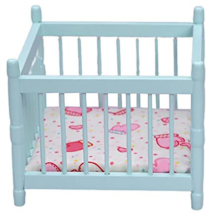 Puppenhaus Dekoration Zubehör Miniatur Kleinkind Bett Leichte Realistische Holzmöbel Modell Babybett für 1/12 Puppenhaus - Blau