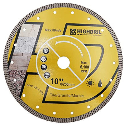 HIGHDRIL Diamant Trennscheibe 250mm Super Dünne Schneiden für Beton,Granit,Naturstein,Ziegel,Trockenschnitt