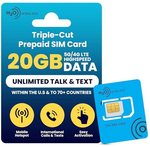 H2O Wireless 90-Tage Prepaid-SIM-Karte USA mit 20 GB Highspeed-4G LTE/5G Daten und 5 GB mobilem Hotspot, unbegrenzte Daten, Internationale Gespräche und SMS, dreifach geschnittene US-Mobil-SIM-Karte