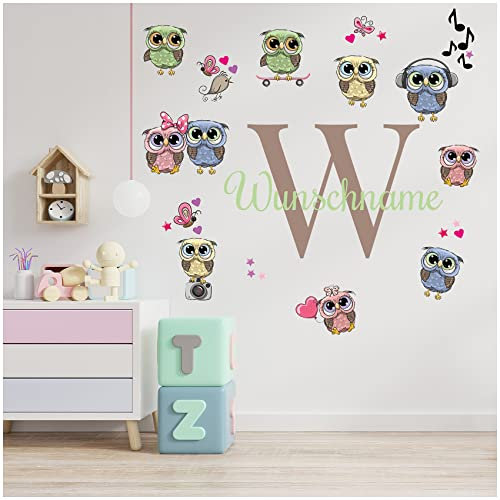Wandsticker personalisiert Sticker Aquarell Tiere mit Name Wandtattoo für Kinderzimmer Babyzimmer Spielzimmer Mädchen Junge Y037 (Nr. 27 Eule, Mit Wunschname)