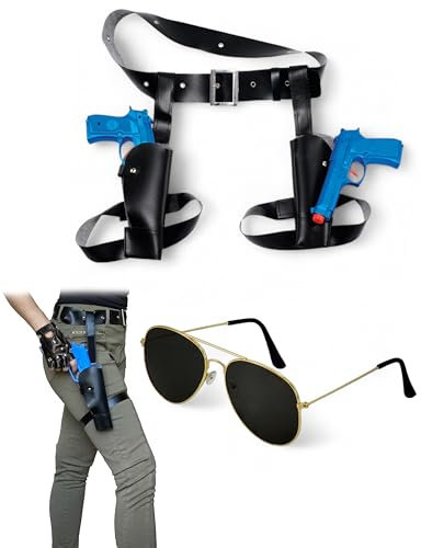 Mega_Jumble Damen Lara Croft 2-teiliges Set Doppel Oberschenkel Holster mit Waffen & Sonnenbrille Tomb Raider Schatzjäger Verkleidung