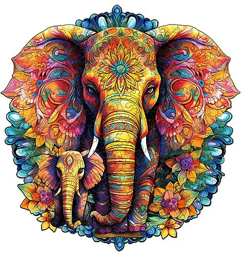 Funnli Holzpuzzles für Erwachsene und Kinder,Einzigartige Tierförmige Holz-Puzzle, Puzzle aus Tierteilen (Mandala Eltern-Kind-Elefant, L)