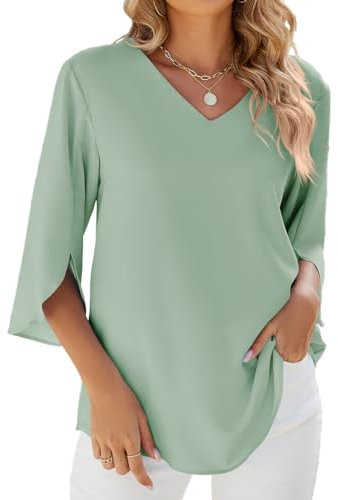 Bluse Damen Elegant Tunika Chiffon Damenblusen Oberteil Einfarbig Frühling 3/4 Arm Oberteile Blusenshirt