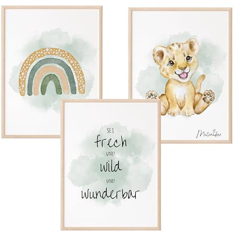 Mutzauber® 3er Set Poster Kinderzimmer A4 | Kinder Wandtattoo | Deko Babyzimmer Jungen Mädchen | Bilder Löwe Regenbogen frech wild wunderbar ohne Rahmen (grün, Löwe)