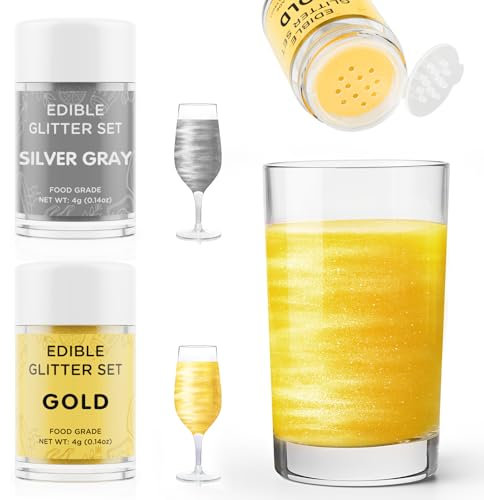 Essbarer Glitzer für Getränke Gold und Silbergrau, Waysroma 2 Farben Glitzerpulver set geschmacklos Glitzer Trinkbares Glitzerpuder für Likör, Cocktails, Wein, Champagner, Osterkuchen (4g)