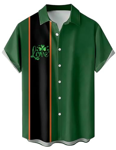 Bhnyku St. Patrick's Day Hawaiihemd Herren Knöpfe Revers Hemdbluse Lässiges Kleeblatt Muster Kurzarmshirt Irischer Festliche Schlank Strandhemd Irland Festivalkostüm Freizeithemden für Männer