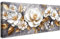 Cadre en Bois Impression sur Toile Gris Or Beige Pivoines Fleurs Tableau Peinture Poster Mural Feuilles d'or Florales de Luxe Image sur Toile Grande Tableau Decoration Murale Salon Chambre 50x120cm