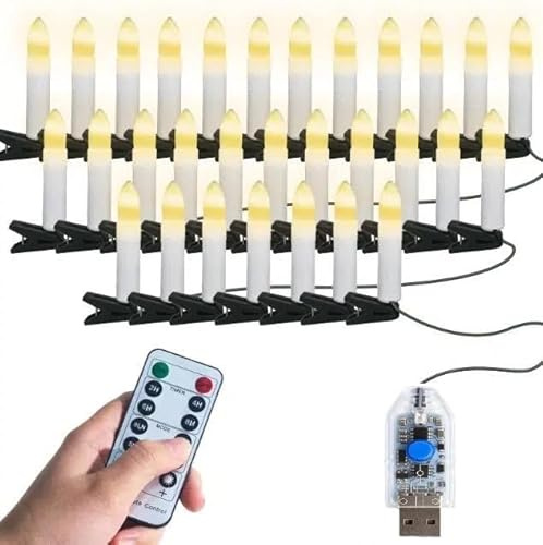 Gresonic Weihnachtsbaumkerze mit Clips, 30 LEDs, flammenlos, flackernd, warmweiß, 8 Modi, USB-betriebene Lichterkette mit Fernbedienung, Timer, dimmbar, für Zuhause, Party, Innen- und Außenbereich
